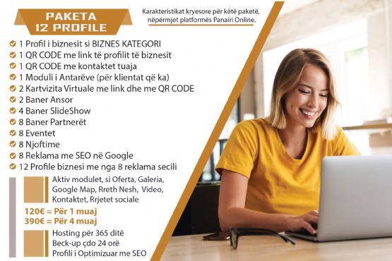 Paketa Biznes Kategori me 12 profile me nga 8 reklama cdo profil, per persona qe duan te zhvillojne nje biznes online ne nje kategori biznesi si, mobileri, ndertimtari, sherbime, etj.